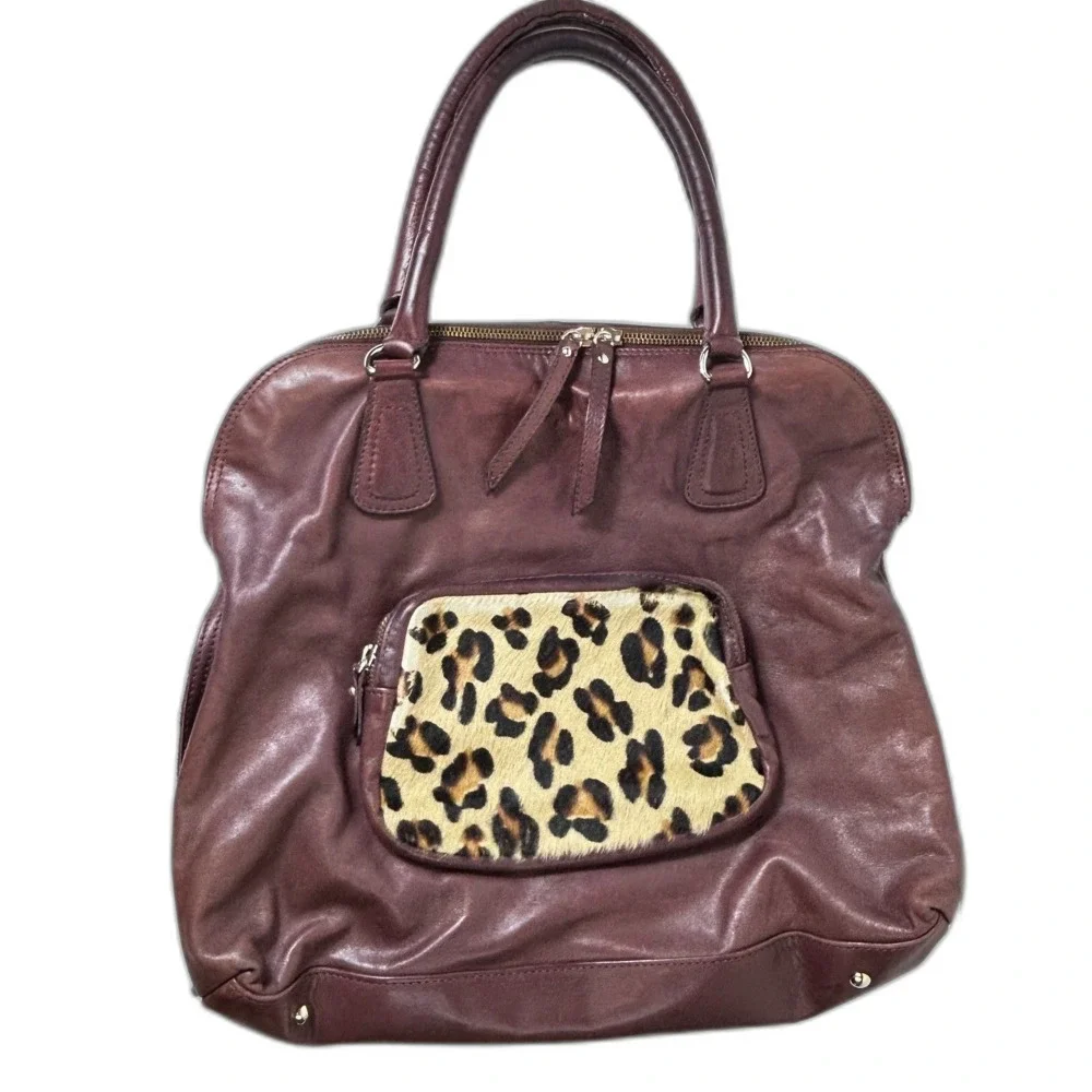 Rosella D Burgundy Leather Animal Print Calf Hair Large Satchel Shoulder Bag